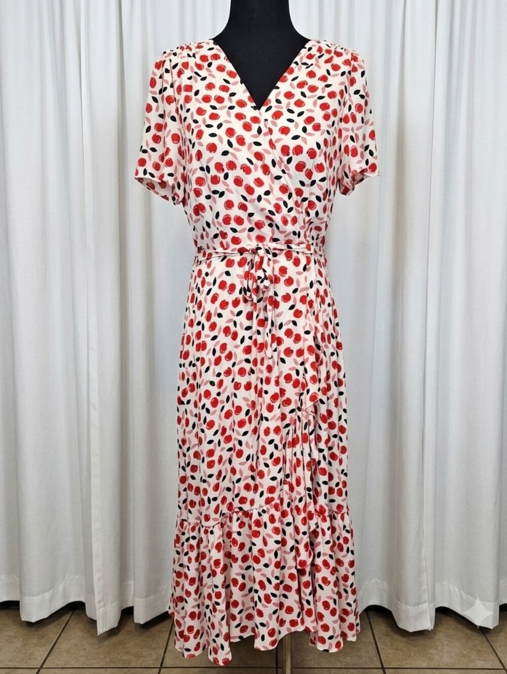 Talbots Cream Midi Wrap Dress with Red and Black Floral Print
